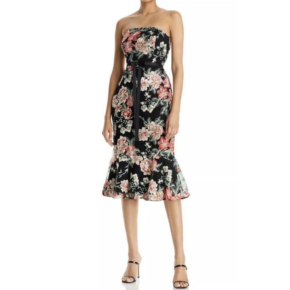 Sam Edelman Vintage Black Multi Floral Embroidered Strapless Dress Size 4 NWT